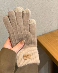 Winter Mittens Brown Striped Embroidered Warm Cycling Spot Universal Cartoon Gloves Ins (Option: Dark khaki)