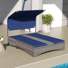 PE Rattan Outdoor Double Chaise Lounge, Reclining Daybed with Canopy, Wood-Plastic Composite Middle Table, Dark Blue (Option: Blue-1420x640x230 mm)